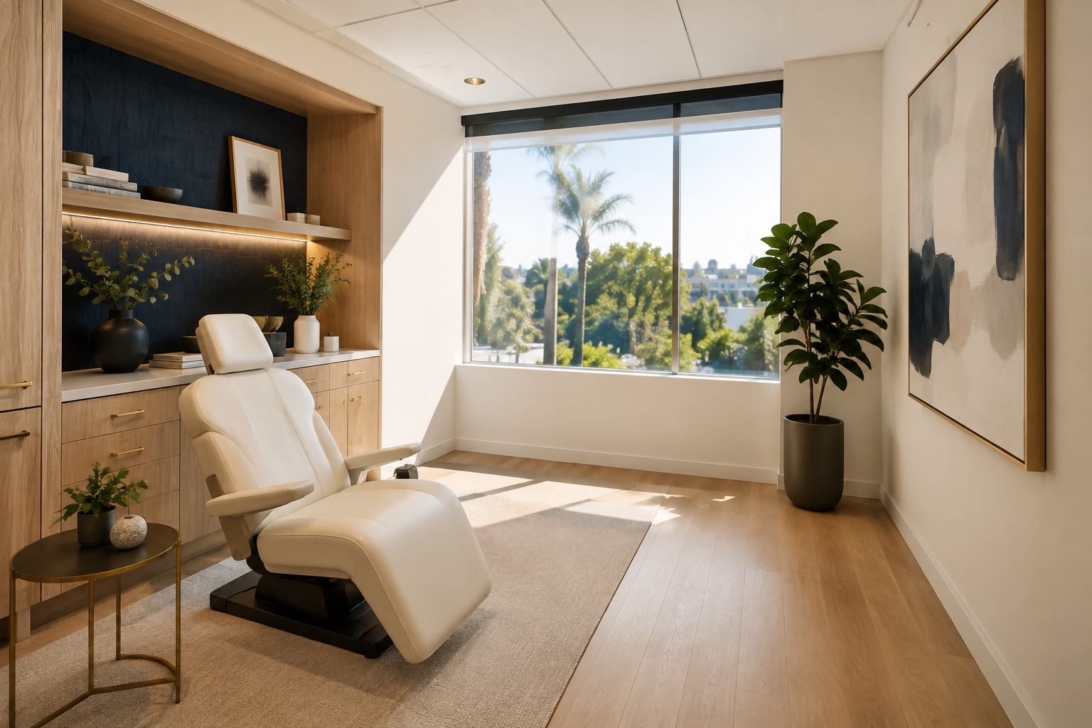 A calm, light-filled private treatment room with a reclining treatment chair